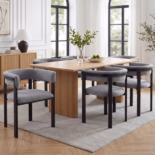 Set di 4 sedie da pranzo in ciniglia grigia con schienale curvo a C e struttura in metallo