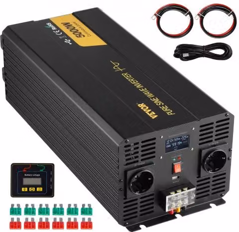 Invertitore a Onda Sinusoidale Pura VEVOR 5000 W, da 12 V DC a 230 V AC, con Schermo LCD, Porte USB e Telecomando, Colore Nero, per Camper e Sistemi Solari