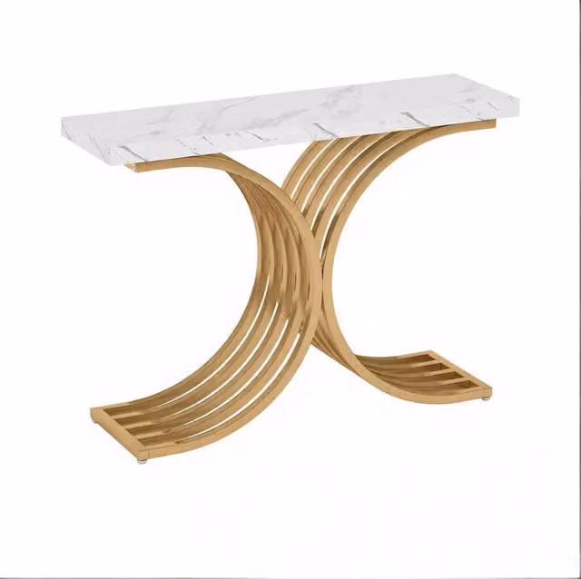 Tavolino da ingresso con piano in finto marmo e struttura metallica dorata 100x30x80 cm