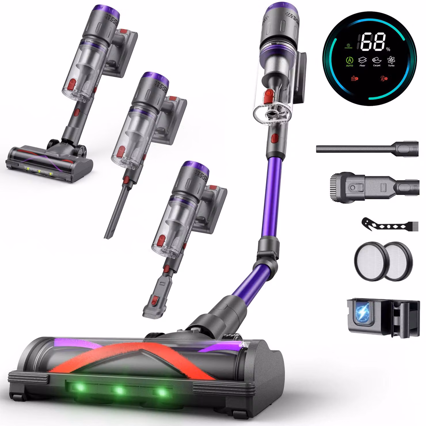 Aspirapolvere a batteria con potenza di aspirazione di 58.000 Pa e autonomia di 75 minuti – Rilevamento intelligente dello sporco, base di ricarica autonoma e display touch a LED