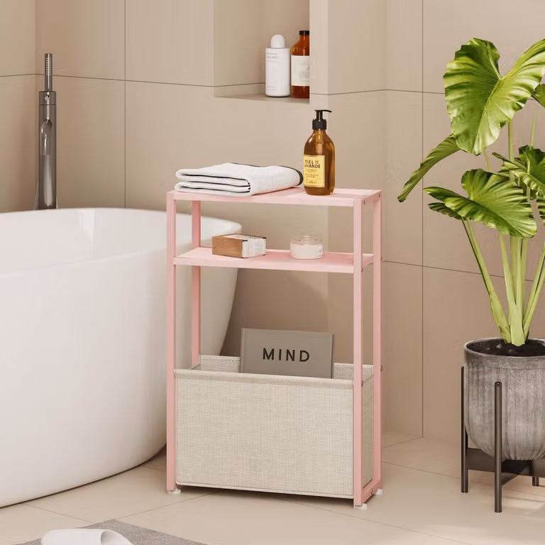 Tavolino laterale, design a cesto, color pastello rosa e crema, dimensioni 40x20x65 cm