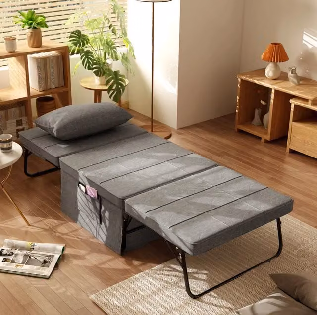 Letto singolo 4-in-1 con materasso 8 cm, struttura in acciaio, 188x75x38 cm, trasformabile in divano, poltrona e pouf