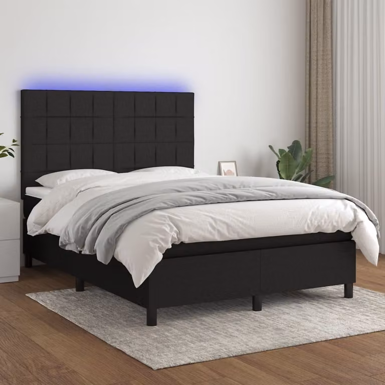The Living Store Letto a molle con materasso e LED nero 140x190 cm in tessuto