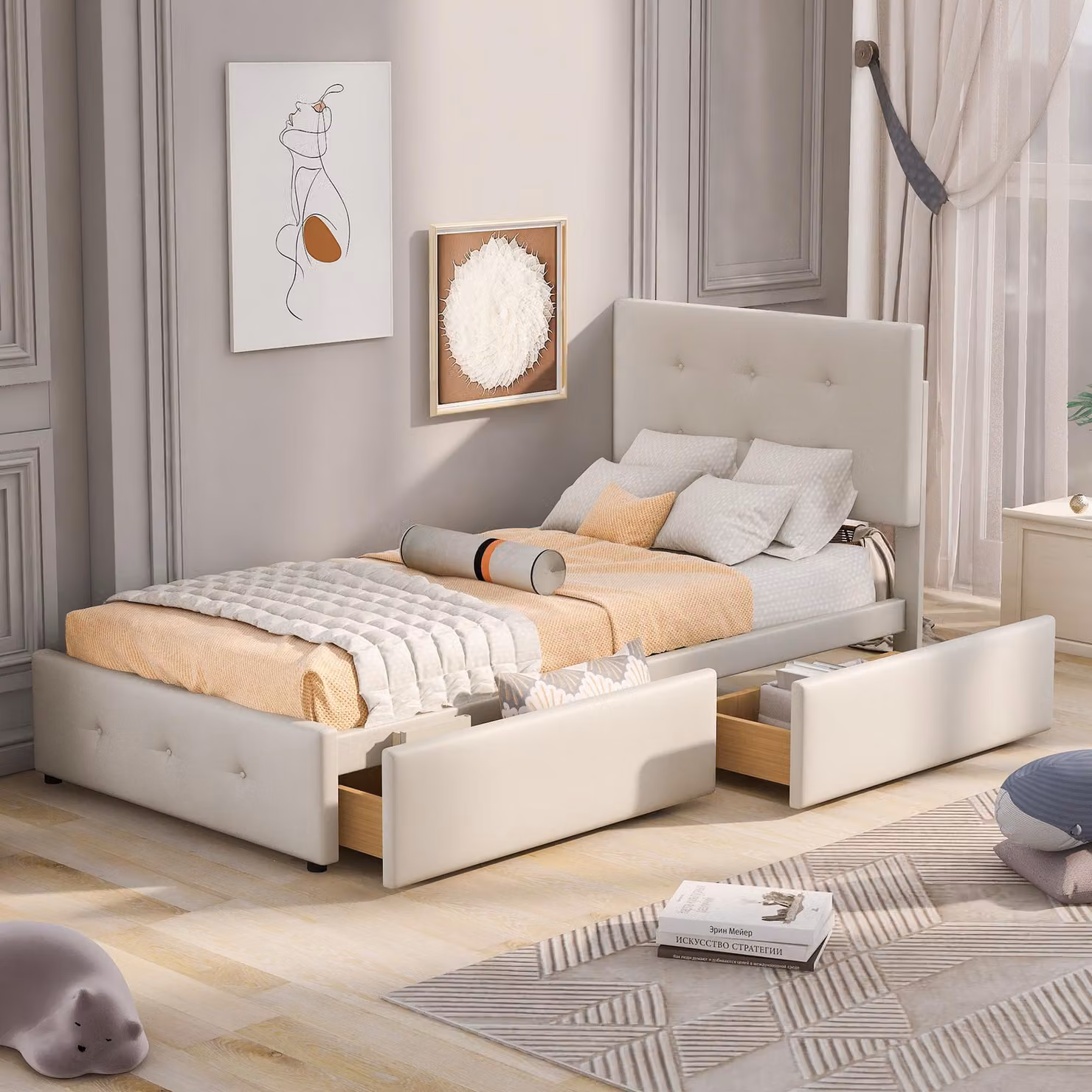 Letto imbottito 90 x 200 cm con rete a doghe, spazio contenitore, schienale imbottito e tessuto in velluto delicato sulla pelle, color beige
