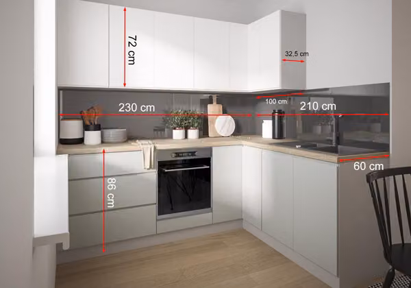 Mobile cucina a L FLORENCE 230x210cm segnale frontale grigio papiro bianco opaco estensione parziale