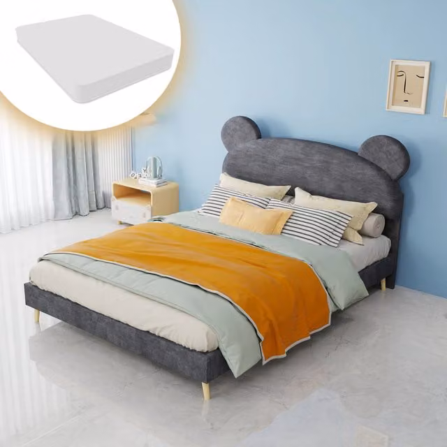 Letto bambino 140×200 cm con testiera imbottita a orecchie d'orso, materasso incluso, tessuto e metallo, grigio
