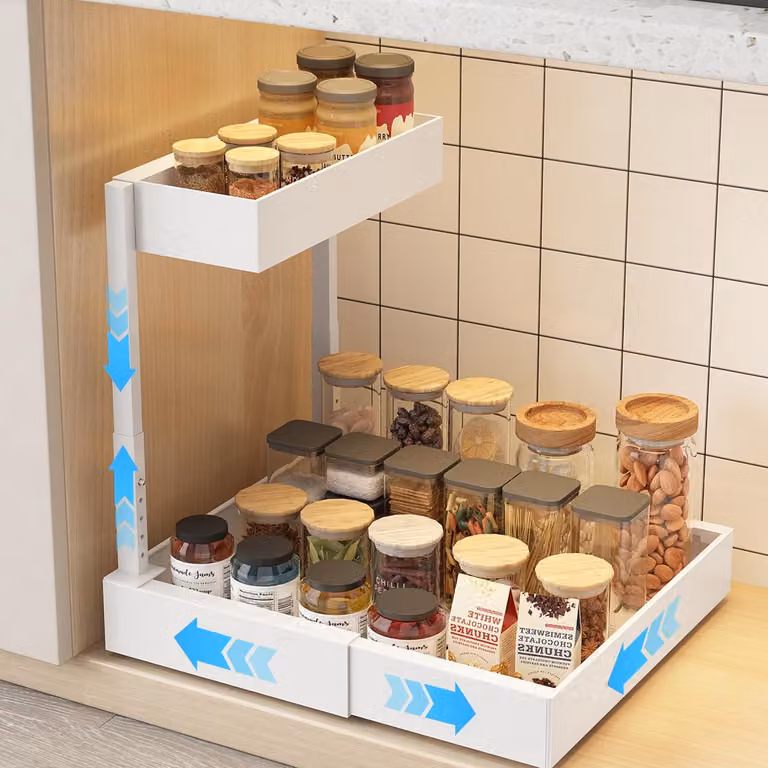 Organizzatore per scaffali sottopensile, regolabile in larghezza, con 2 ripiani, 5 altezze, ideale per la cucina, colore bianco