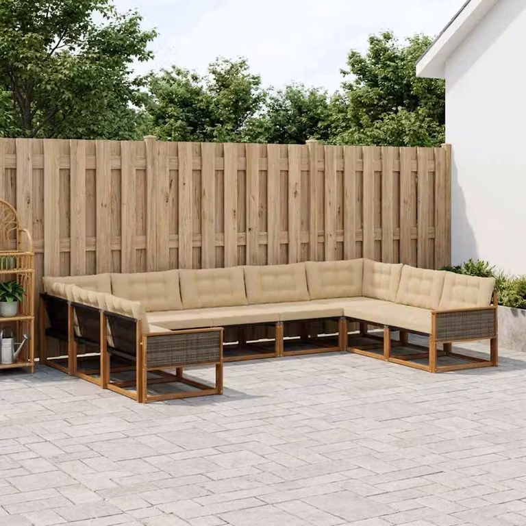 Set di divani da esterno vidaXL 9 pz in legno di acacia e textilene, colore beige e marrone, composizione a L con cuscini inclusi