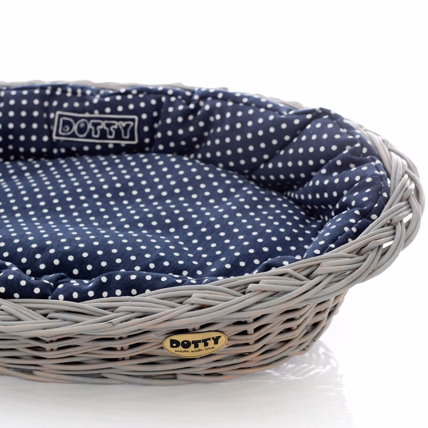 Cesto di vimini grigio dipinto a mano Cesto vichingo con cuccia in cotone - Blu navy a pois bianchi - Lavabile e morbido - DOTTY