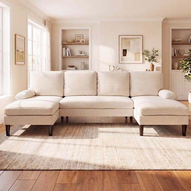 Divano angolare Costway in velluto a coste beige con 4 cuscini, struttura in legno e metallo per soggiorno