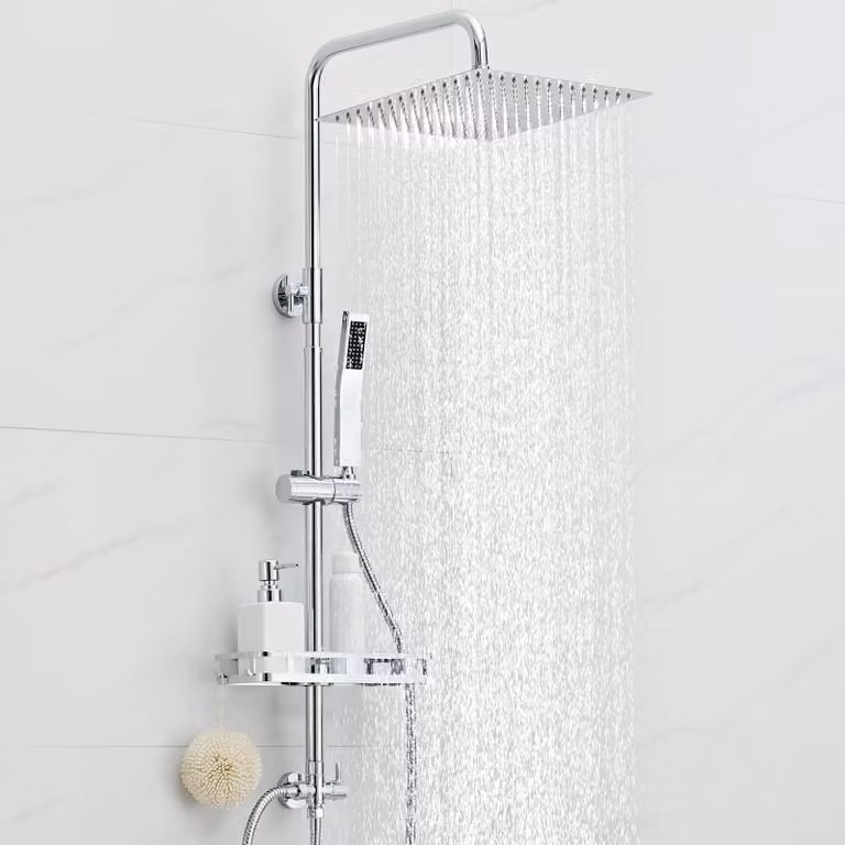 Colonna doccia con ripiano, soffione doccia 30x30 cm, barra regolabile da 72 a 110 cm