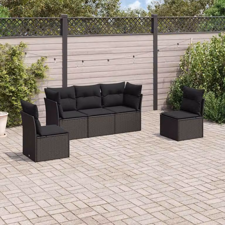 vidaXL Set Divani da Giardino a L 5 pz con Cuscini Neri in Polyrattan e Acciaio