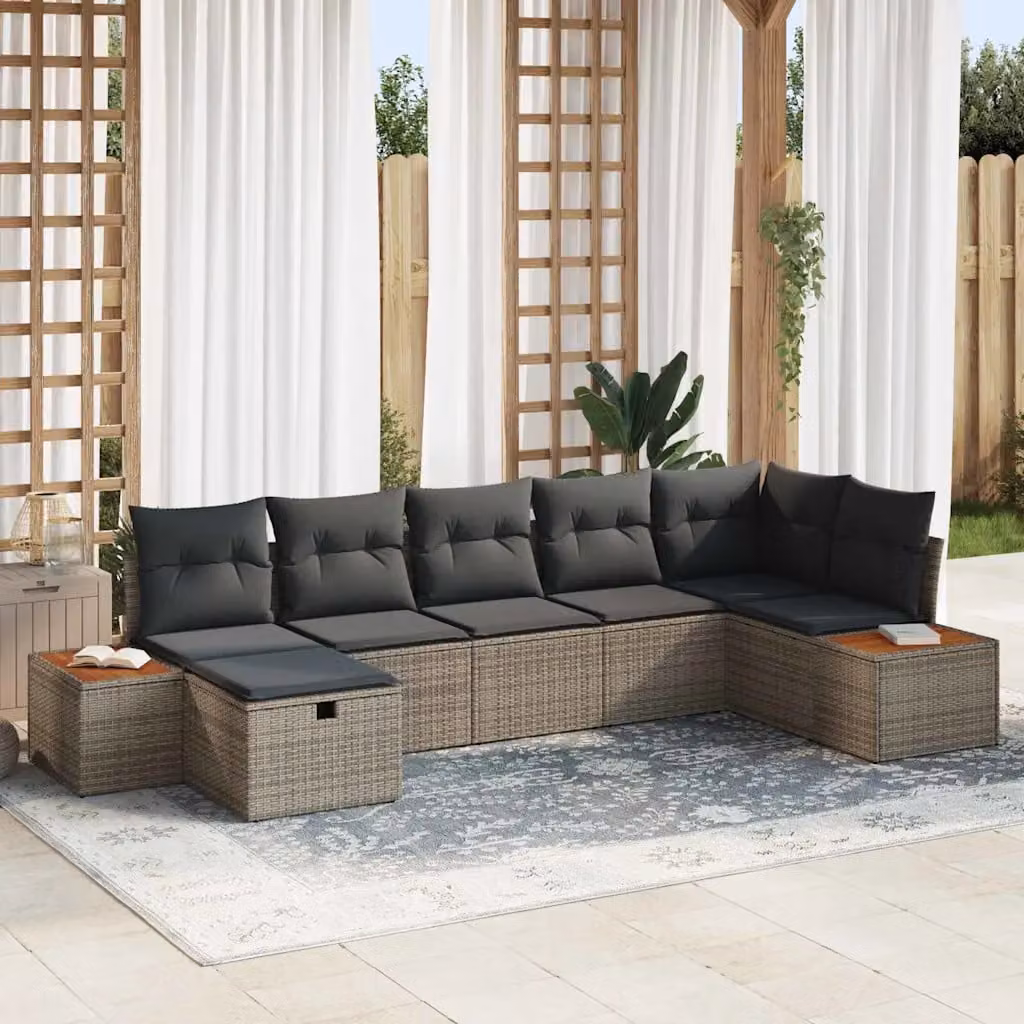 Set Divano da Giardino a L vidaXL in Poly Rattan Grigio con 7 Cuscini e Ottoman – 1