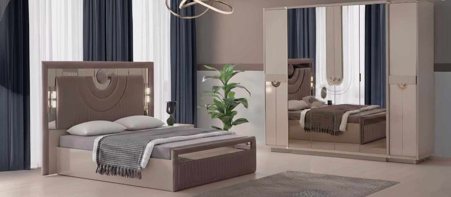Set completo per camera da letto di pregio: letto imbottito esclusivo, testiera di design, armadio