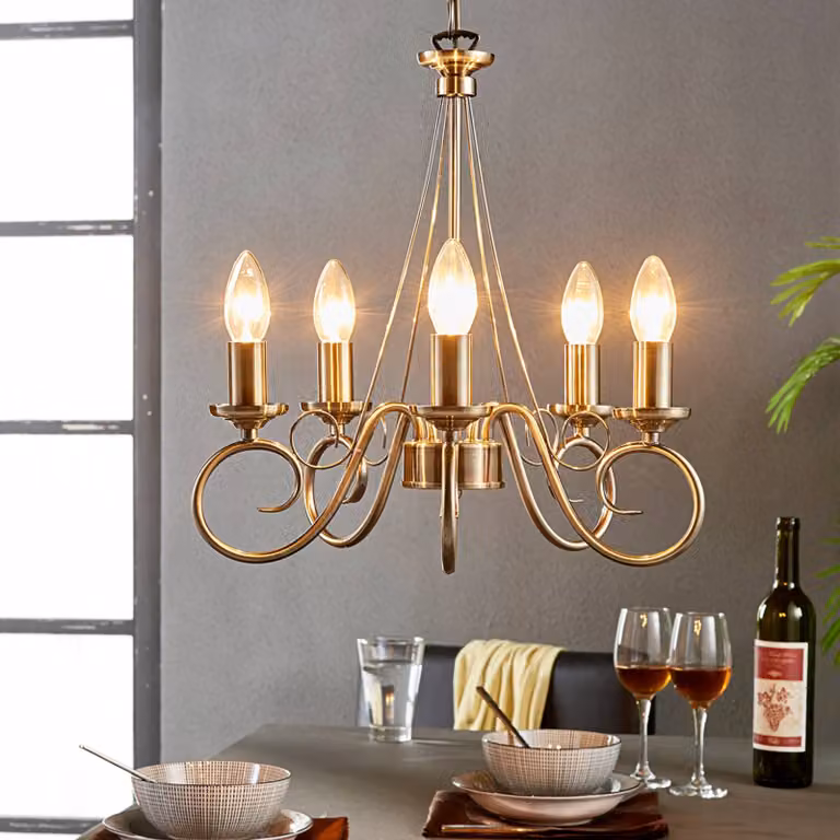 Lampadario a soffitto Marnia Lindby, dimmerabile, Bronzo / Ottone antico, Soggiorno / Sala da pranzo, Metallo, Antico, Lampadario