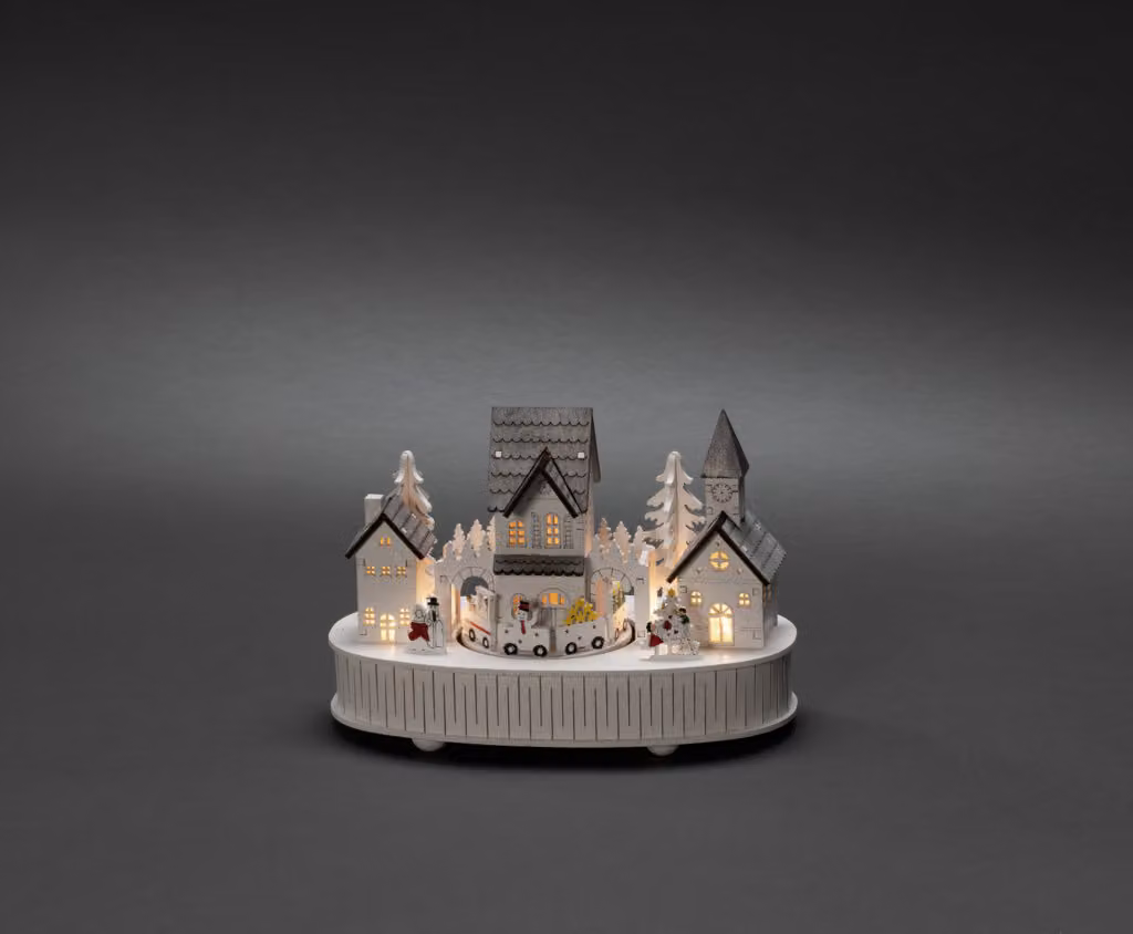 Konstsmide sagoma in legno a LED "Casa e Chiesa", bianca, con carillon e timer 6 ore, 5 diodi bianco caldo, a batteria, per interni, batteria: 2 x AA 1,5V (escl.) - 3269-210