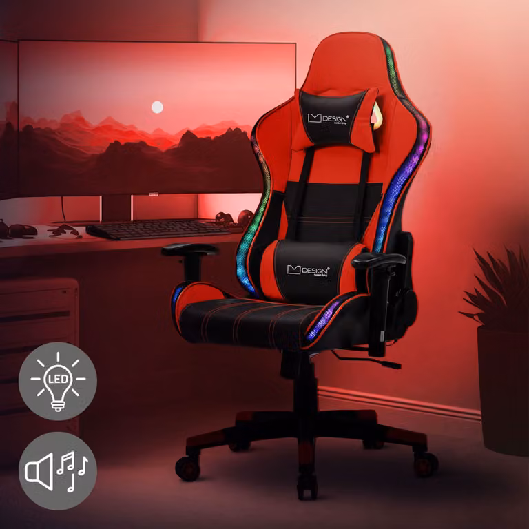 Sedia da gioco ML-Design con illuminazione LED RGB e altoparlanti Bluetooth, nero/rosso, sedia da ufficio ergonomica, schienale, poggiatesta, cuscino lombare