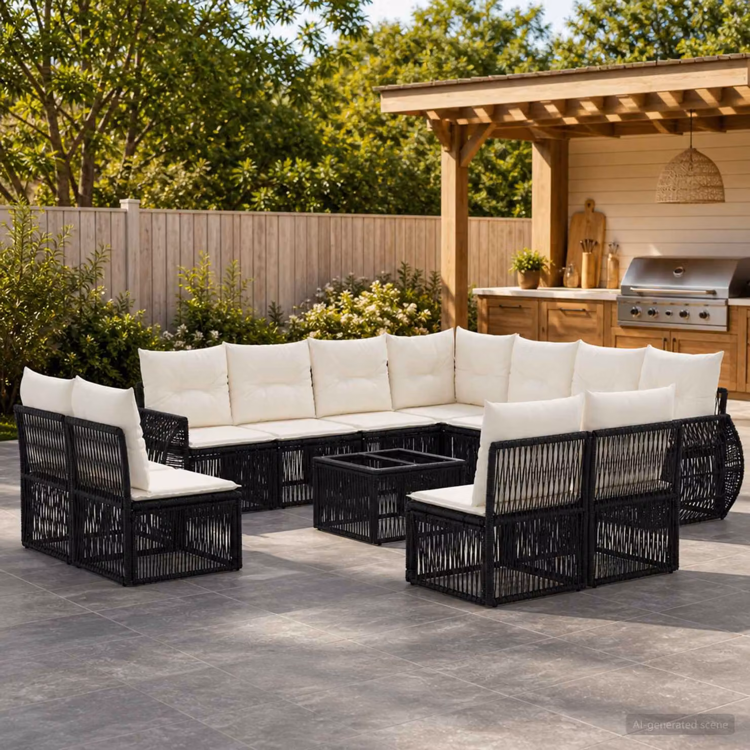 Set Divano da Giardino vidaXL a forma a U con Tavolino, 12 Pezzi, Nero e Bianco Crema con Cuscini in Schiuma e Rivestimenti Rimovibili