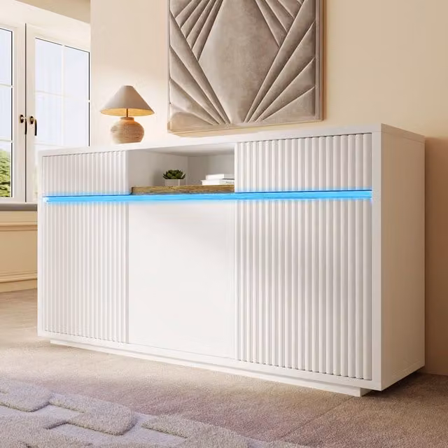 Credenza moderna bianca con illuminazione LED integrata, vano centrale, 2 cassetti, ante a ribalta e ripiani regolabili, L 140 cm x P 40 cm x H 85 cm