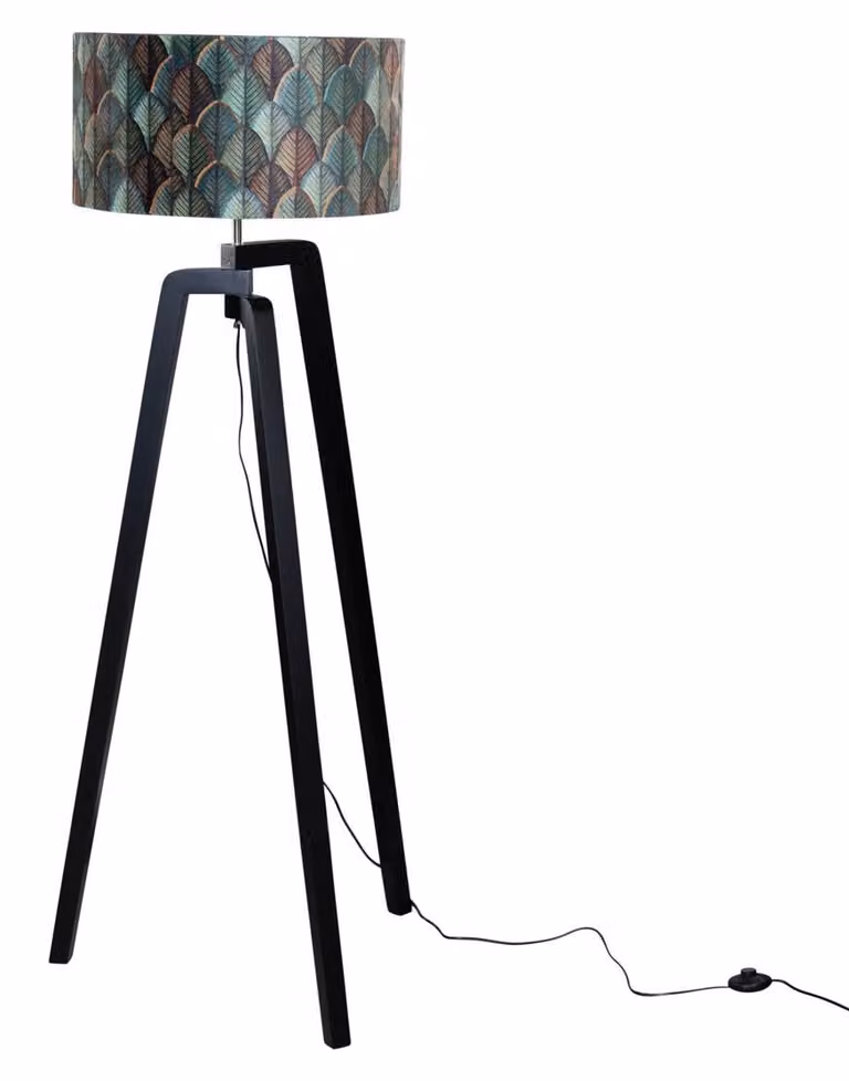 Lampada da terra nera con paralume in velluto a motivo di foglie, 50 cm, Puros