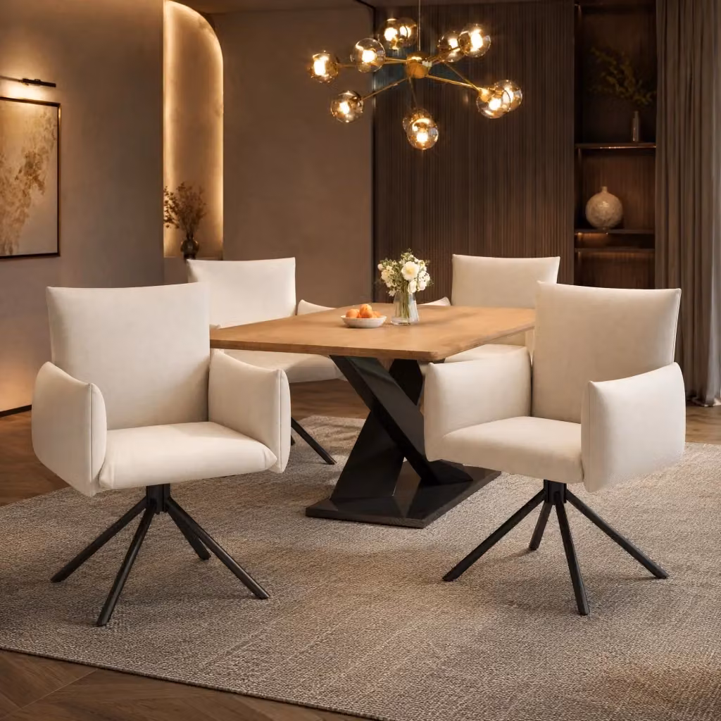 Set di 4 sedie da pranzo girevoli a 360 gradi MIVRAY in velluto beige con braccioli imbottiti e gambe in metallo nero opaco per soggiorno e sala da pranzo – 2