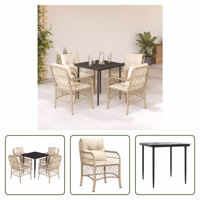 The Living Store Set da pranzo da giardino 5 pezzi con cuscini Beige poly rattan