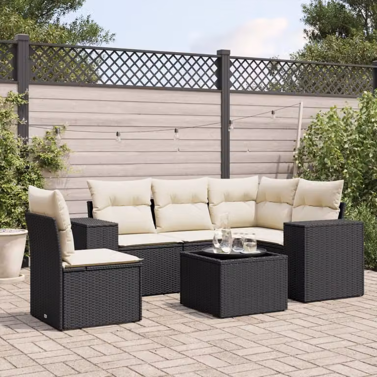 Set Divano da Giardino a L vidaXL in Polyrattan Nero con 6 Cuscini e Tavolino da Esterno