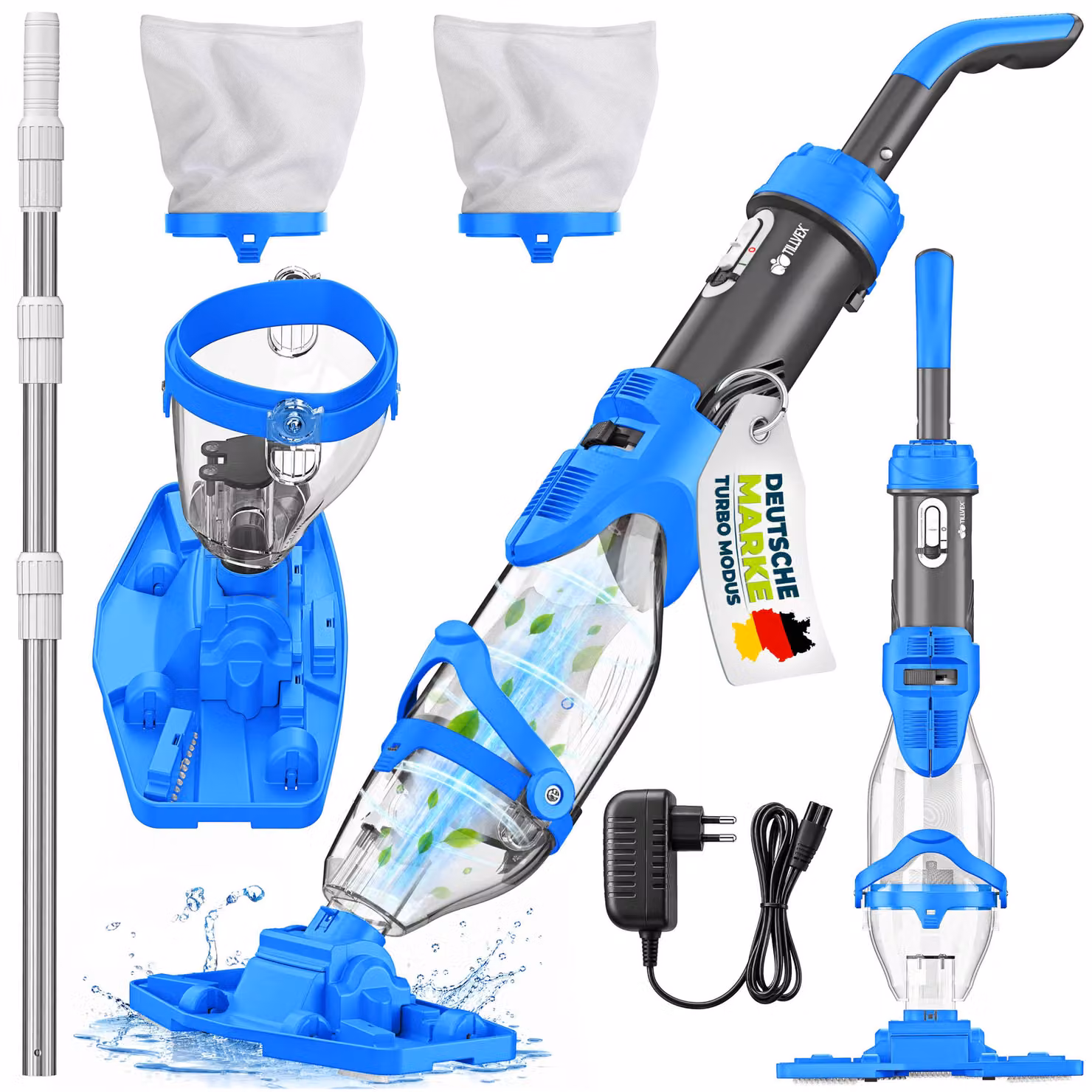 tillvex aspirapolvere blu/grigio con batteria ricaricabile e asta telescopica + filtro di ricambio fino a 15 m³ | aspirapolvere elettrico per piscine | pulitore per piscine con filtro e 60 minuti di autonomia | set di pulizia aspirapolvere portatile senza