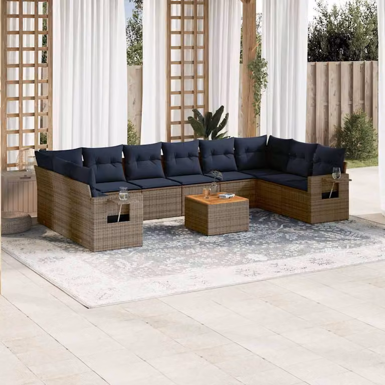 Set Divani da Giardino vidaXL 11 pz in Polyrattan Grigio e Blu con Cuscini e Tavolino da Esterno a Forma di L