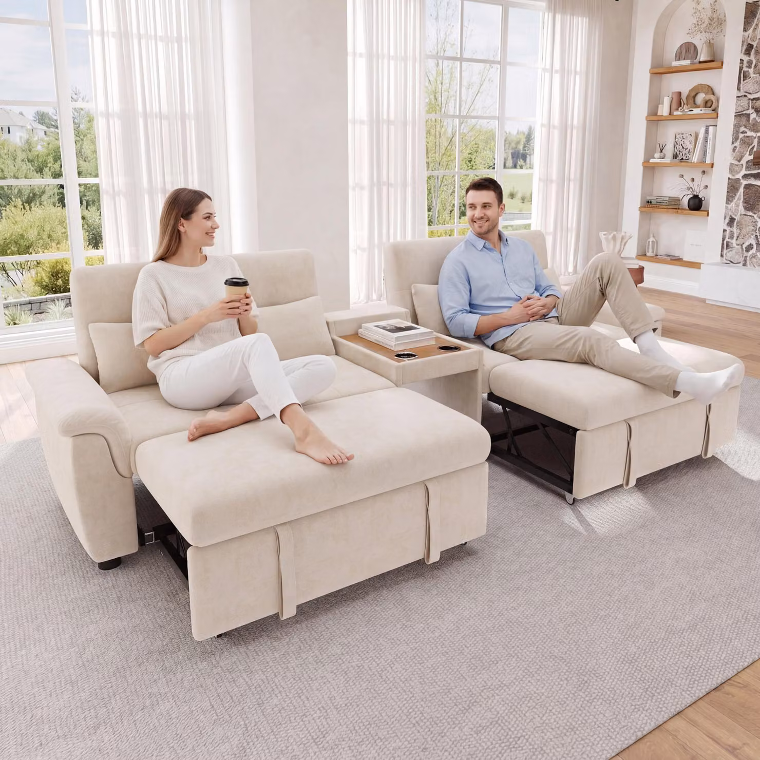 Divano letto Merax, modello a forma di "U", trasformabile in letto matrimoniale, divano letto a 4 posti con area per animali domestici, portabicchieri, 4 cuscini, tessuto in chenille, color beige