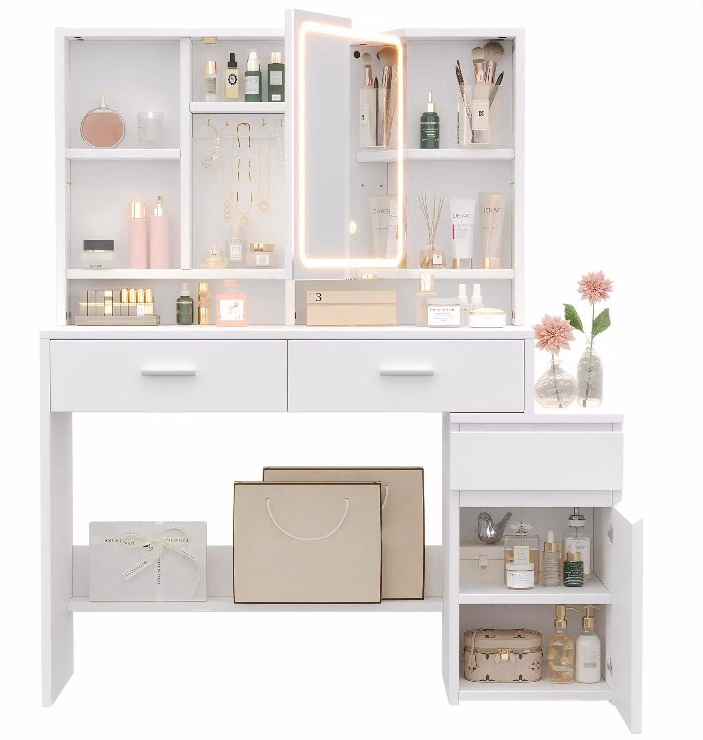 Comò da trucco con illuminazione a LED e specchio, 3 cassetti, armadietto, ripiani regolabili, bianco