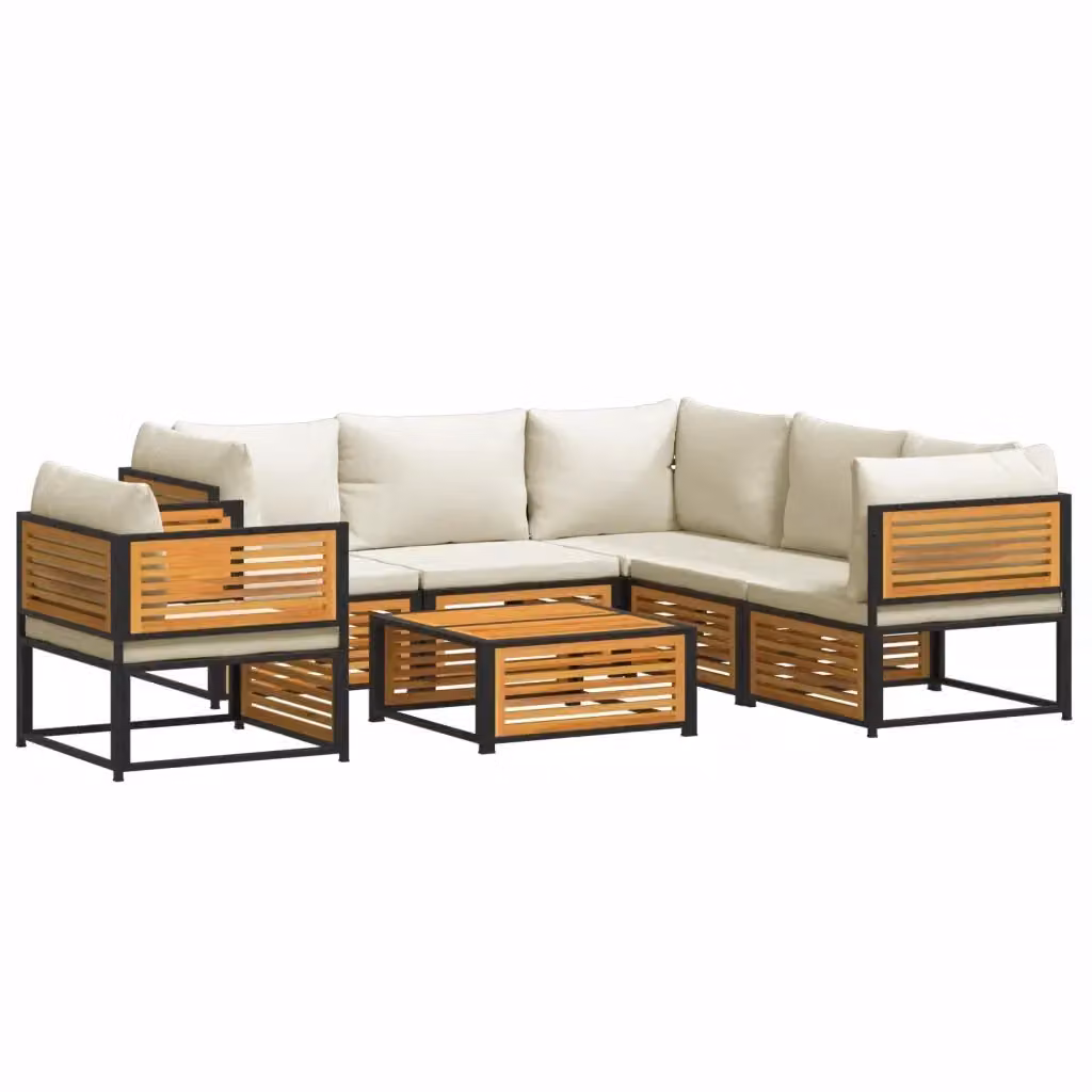 Set Divano da Giardino a L vidaXL in Legno di Acacia e Acciaio con 7 Pezzi e Cuscini Beige e Bianchi – 2