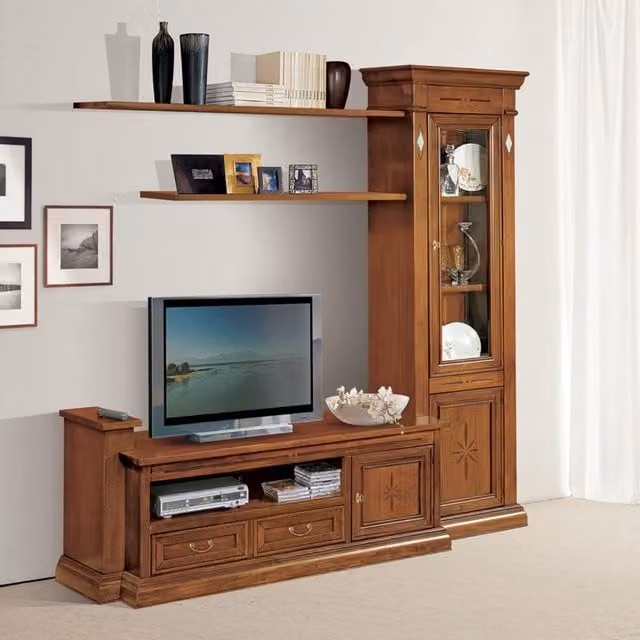 Parete attrezzata classica in legno di pino color noce Bassano di Mobili 2G L: 225 cm, P: 36/60 cm, H: 230 cm