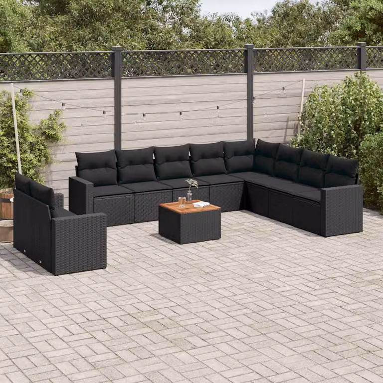 Set di divani da giardino vidaXL 11 pz in polyrattan nero con cuscini e tavolino da esterno a forma di U