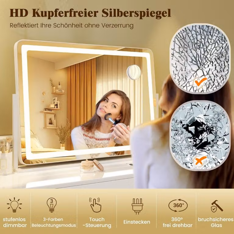 Specchio per il trucco con illuminazione, grande specchio cosmetico con ingrandimento 10X, bianco