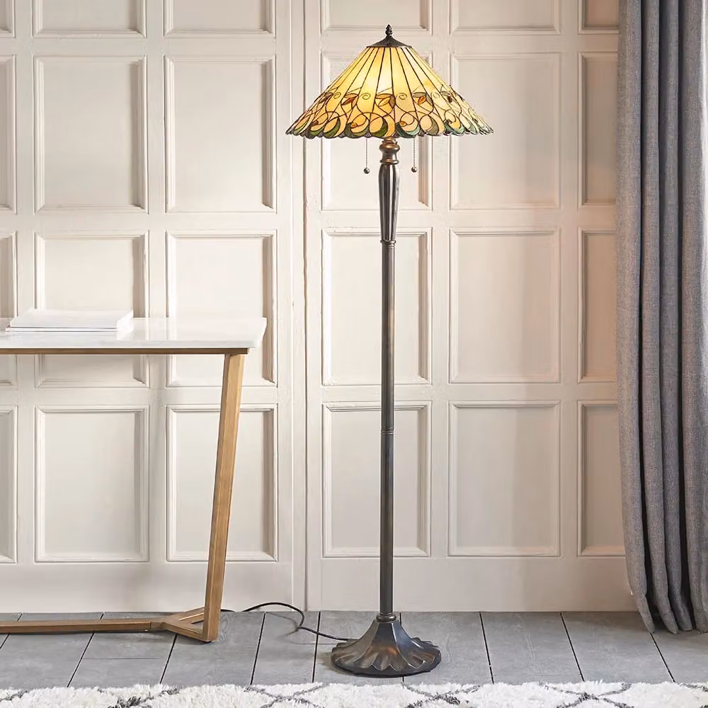 Lampada da terra Tiffany Jamelia multicolore con vetro ambra e struttura nera, H: 157.5 cm – 2