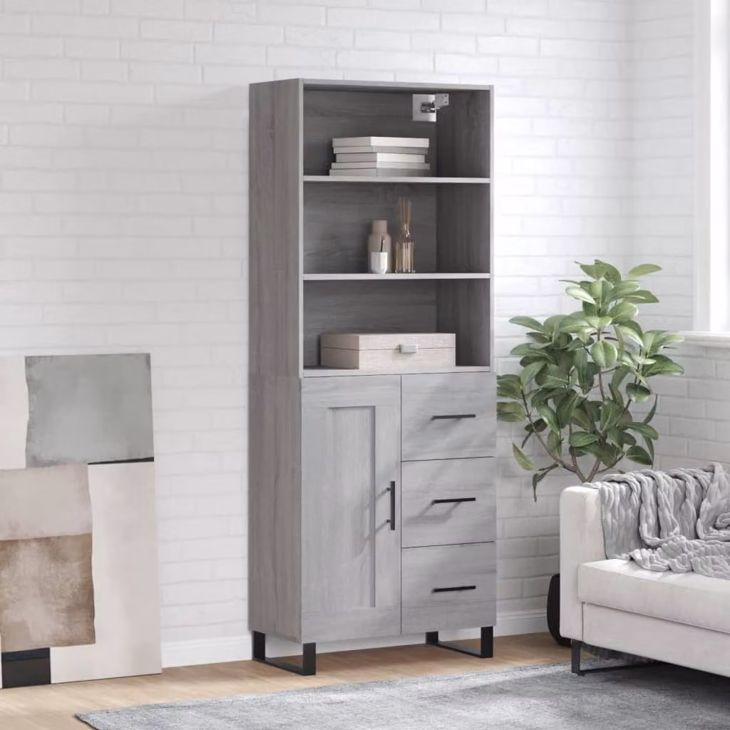 Credenza moderna vidaXL in legno multistrato e metallo, colore Grigio Sonoma, L: 69,5 cm, P: 34 cm, H: 180 cm