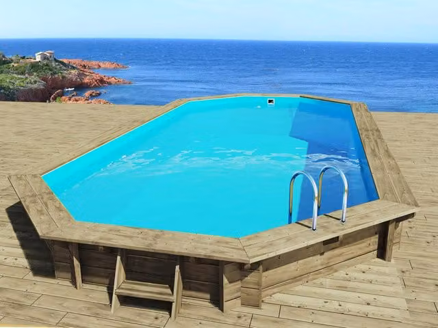 Piscina fuori terra ovale Sevilla in legno blu di Habitat et Jardin con pompa, filtro, copertura e scala L: 8,57 m, P: 4,57 m, H: 1,45 m – 1
