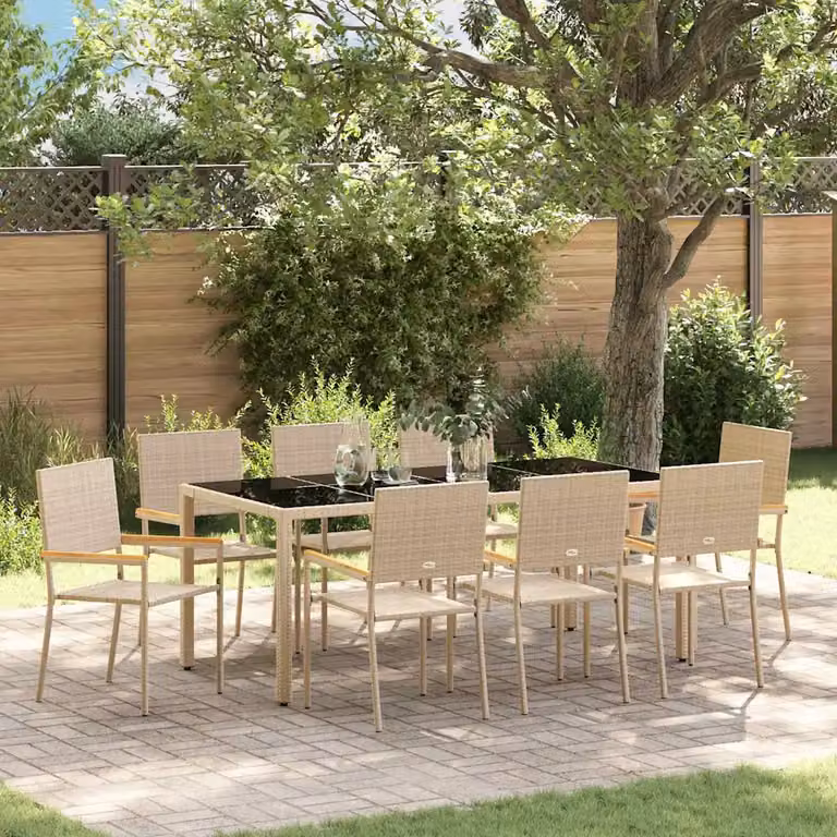 Set da pranzo per giardino vidaXL in polyrattan beige e marrone con tavolo in legno di acacia e vetro, 9 pezzi