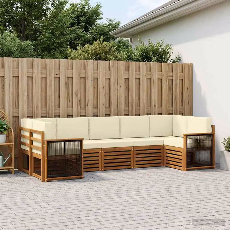 Set di divani da esterno vidaXL 6 pz in legno di acacia con cuscini, forma a L, beige e marrone