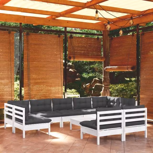 Set Divani da Giardino 10 pz con Cuscini Bianchi Legno di Pino 3097206