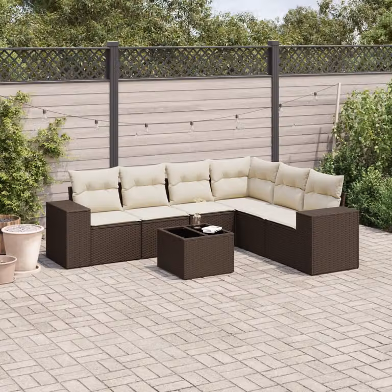 Set di divani da giardino vidaXL a forma di L composto da 7 pezzi con cuscini in polyrattan e tavolino da esterno marrone e bianco