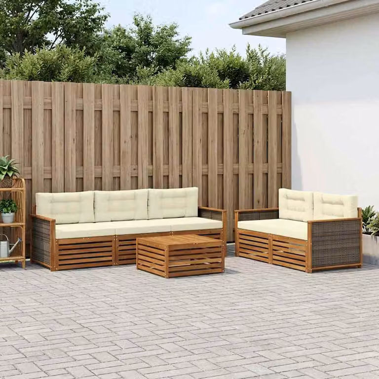 Set di divani da esterno vidaXL a forma di L in legno di acacia con tavolo da caffè e cuscini, colore beige e bianco
