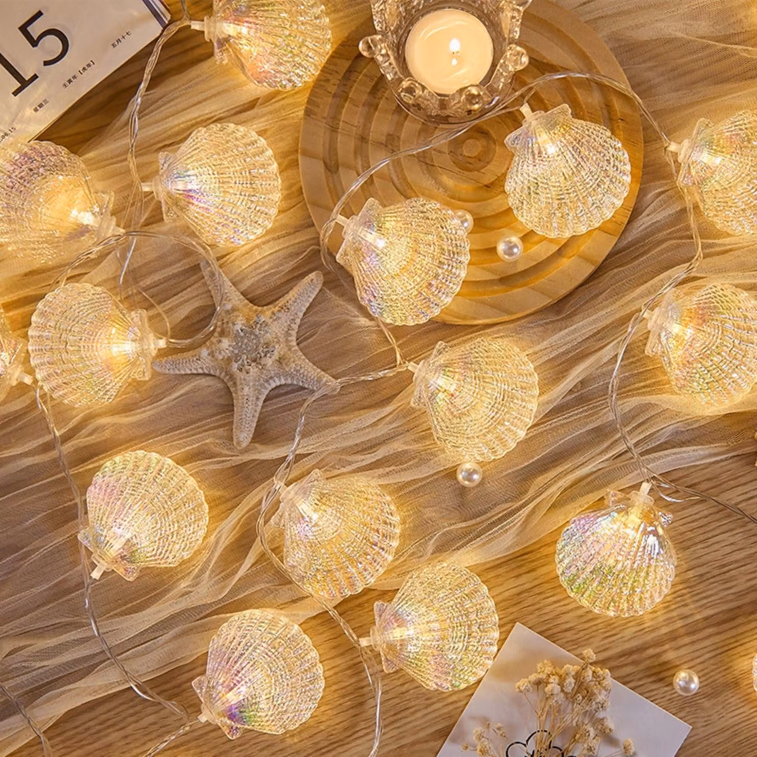 Catena luminosa a forma di conchiglia, lunghezza 3 metri, 20 LED, luce bianco caldo, alimentazione a batteria