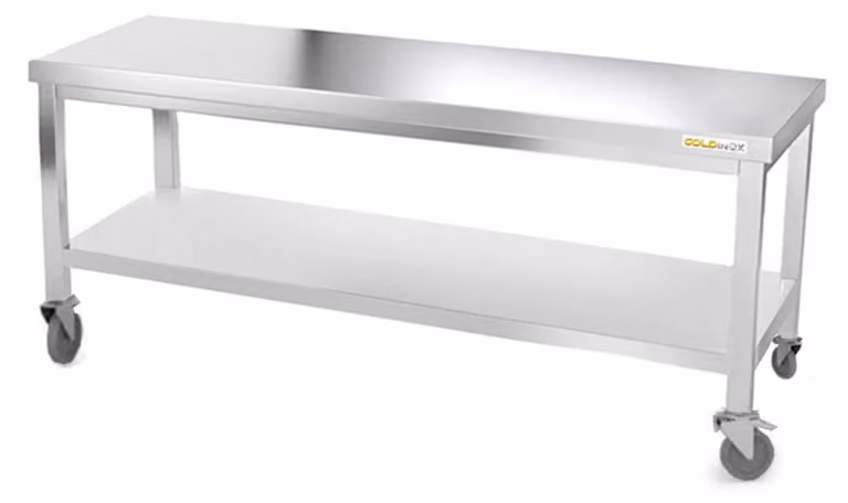 Tavolo da lavoro in acciaio inossidabile, base 1800 x 600 mm, su ruote, PREMIUM - GOLDINOX