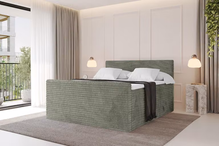 Letto boxspring ALTDECOR con pediera - TOLO-v1-Z KING 120x200 in velluto - Colore oliva - Set completo con materassi H3 e H4 e topper, letto imbottito con cassetti, rete a doghe, letto con contenitore, letto matrimoniale, letto a cassettone