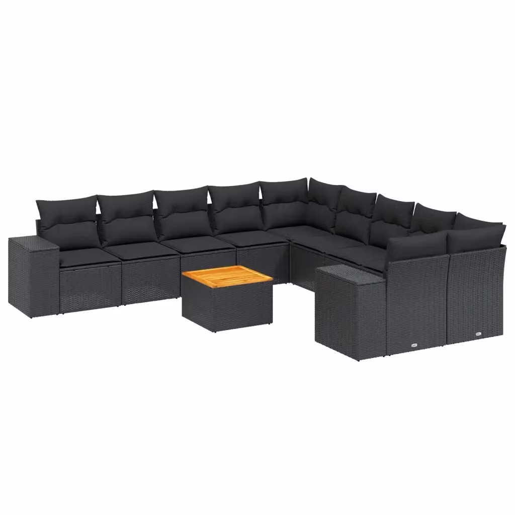 vidaXL Set Divani da Giardino 11 pz in Polyrattan e Legno di Acacia Nero con Cuscini e Tavolino da Esterno – 2