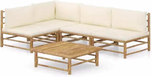 Set da giardino Outsunny in bambù con 5 pezzi, divano a L, tavolo e cuscini bianco e beige