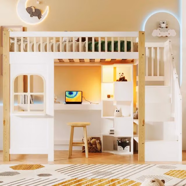 Letto a soppalco 90x200 con scrivania; scala contenitore e LED; in pino massello e MDF; bianco e naturale per cameretta
