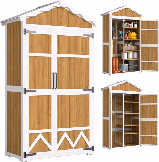 Armadio da giardino in legno ¨C Minimal ¨C 105x55x179 cm con 4 ripiani e tetto in metallo